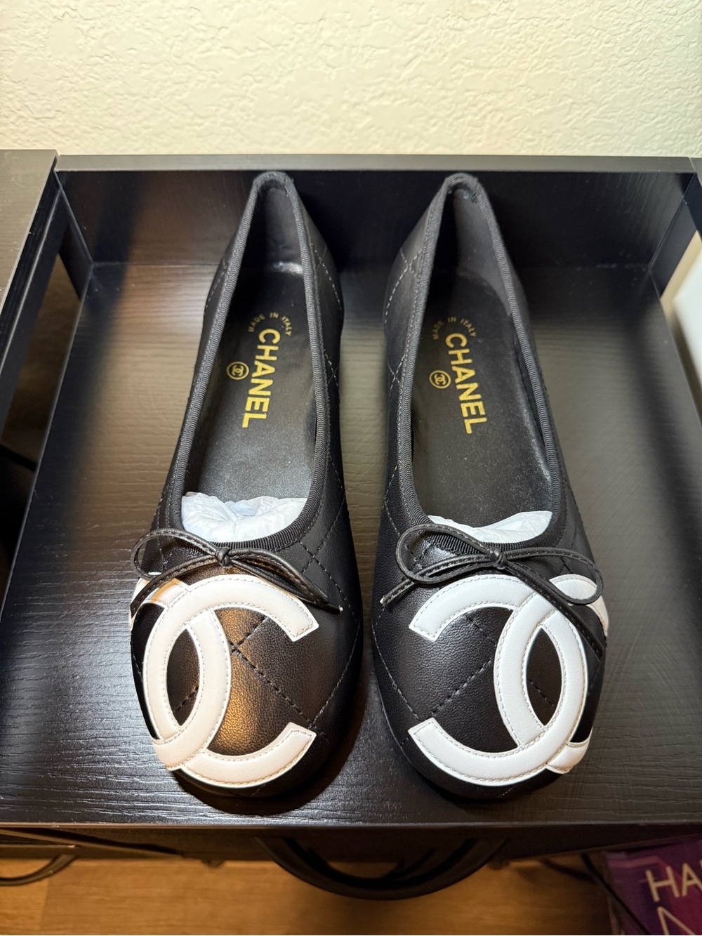 Chanel 26M Coco Beach Cambon Black With White CC Logo Ballet Ballerina Flat 37